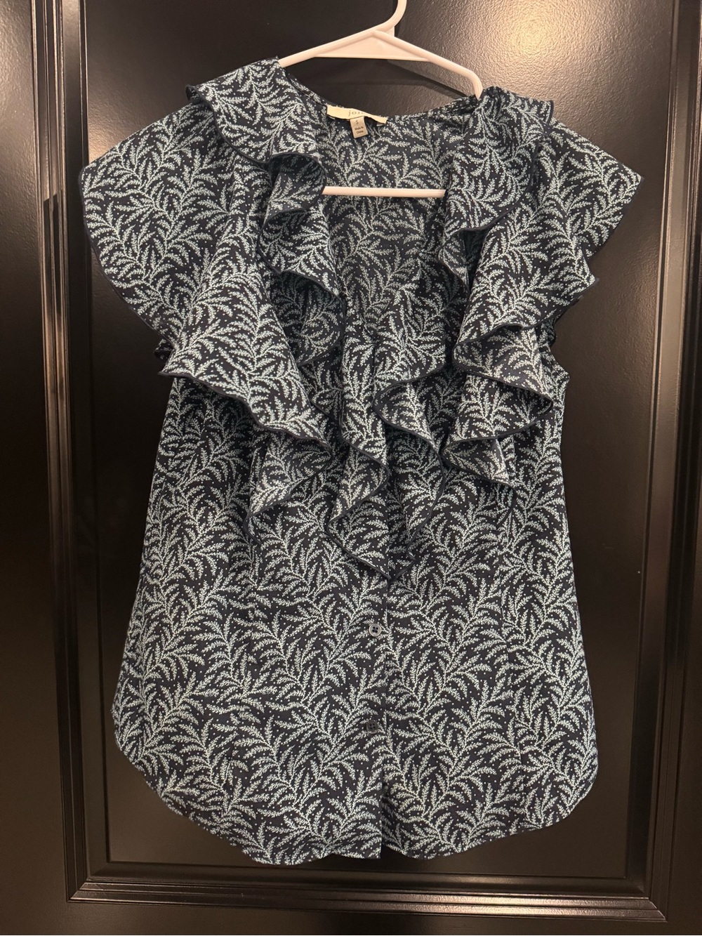 Joie Navy and White Ruffle Front Leaf-Print Blouse